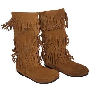 Women's Minnetonka 3-Layer Moccasin Fringe Suede Boot Sz 7 Western Festival Boho